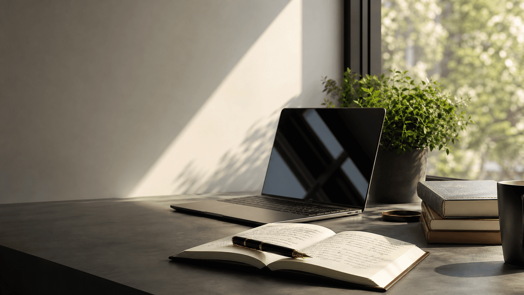 Editorial still life of a laptop, notebook, books, and morning light on a desk
